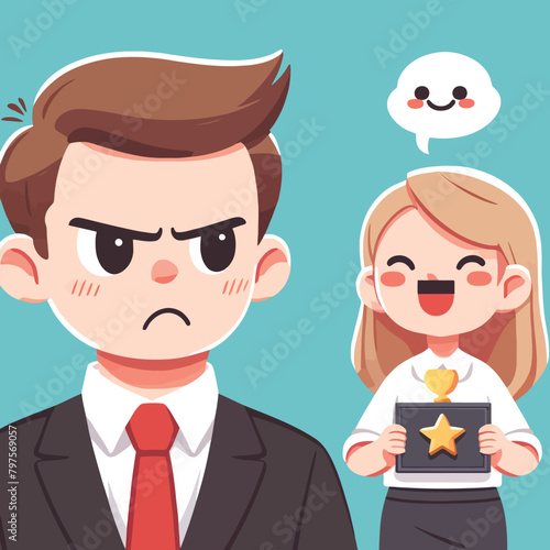illustration of a business person with a jealous and annoyed expression envying their friend