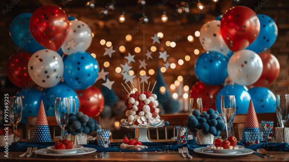 Fototapeta premium Independence Day Party Setup - Festive Celebration with Red, White, and Blue Desserts - Patriotic Decor for 4th of July - Cupcakes and Balloons - Generative AI