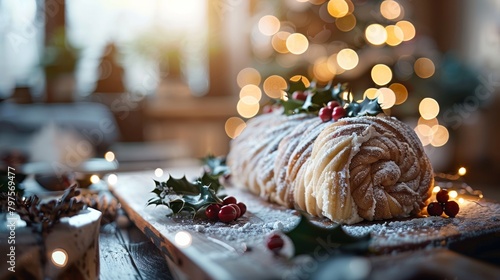 A Yule log cake on a wooden table in a rustic style.