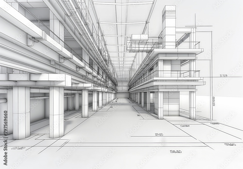 Industrial building wireframe rendering with architectural and construction details Industrial building wireframe rendering with architectural and construction details