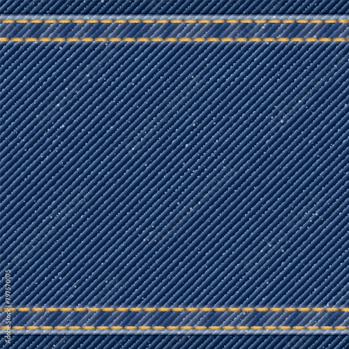 Denim blue jean textile pattern square background with gold seams and crease vector illustration.