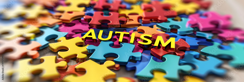 Colorful puzzle pieces arranged in the shape of a circle. Words minted at the center with colored letters. the text says AUTISM Colorful puzzle pieces arranged in the shape of a circle. Words minted at the center with colored letters. the text says AUTISM