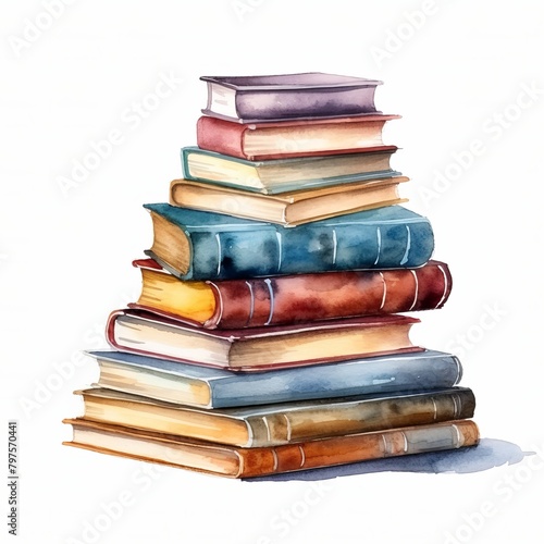 Watercolor Stack Of Books Isolated On White desk.