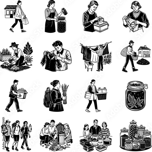 A collection of vector graphics showcasing various zero waste habits such as reusable shopping, composting, and bulk buying.