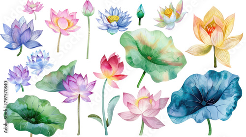 Set of lotus flowers clipart watercolor isolated on white or transparent background