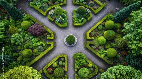 An overhead view of a formal garden featuring symmetrical pathways and meticulously p topiaries with measurements and plant species listed.. photo