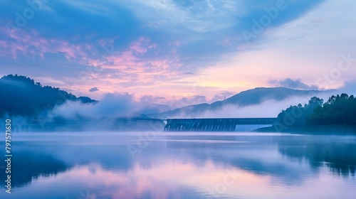Serene Hydropower Reservoir at Idyllic Sunrise with Tranquil Mirrored Reflection of Misty Forested