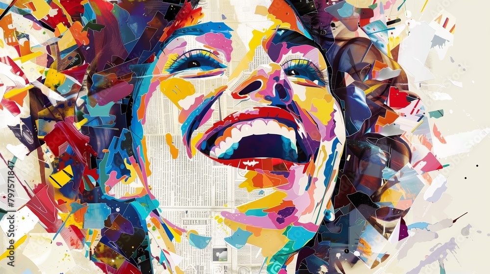 Happy woman face in colorful newspaper scraps style Happy woman face in colorful newspaper scraps style