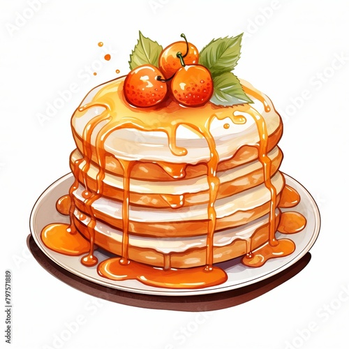 Pancakes with syrup and cherries on a plate painted with watercolors