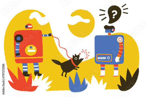 Dog barks at robot