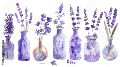 Fototapeta Naklejka Na Ścianę i Meble -  Set of Lavender flowers on bottle clipart watercolor isolated on white or transparent background png cutout