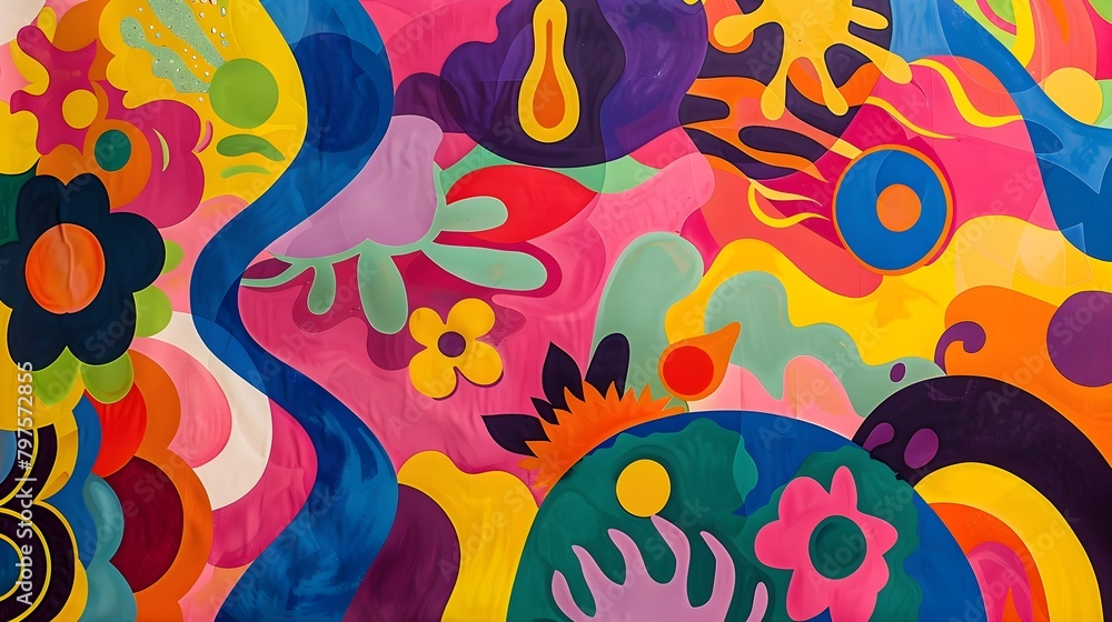 Vibrant Retro Psychedelic Abstract Backdrop with Bold Swirls and Patterns for 1970s-Themed Vibrant Retro Psychedelic Abstract Backdrop with Bold Swirls and Patterns for 1970s-Themed
