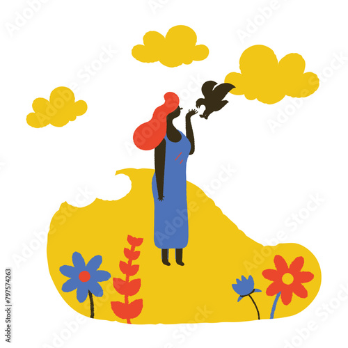 Woman feeds a bird from a hand