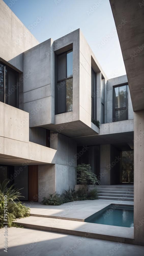 Modern architectural design with abstract concrete forms and linear elements.