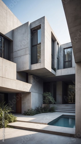 Modern architectural design with abstract concrete forms and linear elements.