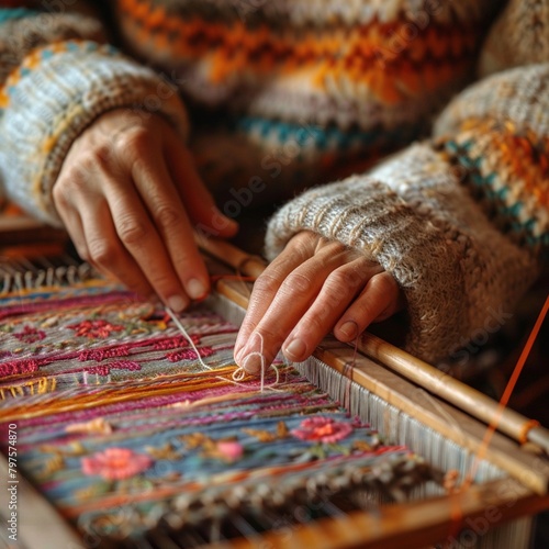 Woman weaving on a small loom, closeup on hands and threads, the art of textile making photo