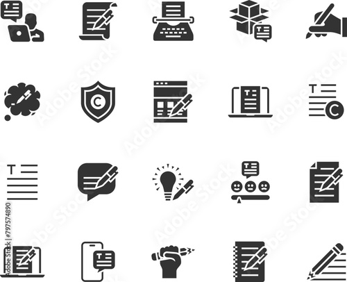Vector set of copywriting flat icons. Contains icons text, write review, creative writing, online document, typewriter, storytelling and more. Pixel perfect.