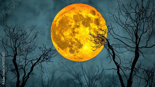 Dramatic Gothic Full Moon with Bare Tree Silhouettes in Spooky Autumn Landscape