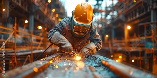 A welder in protective gear diligently works on a steel structure against a twilight sky. photo