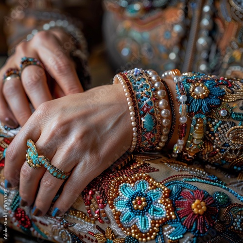 Close view of a woman handcrafting beaded bracelets, intricate details and concentration photo