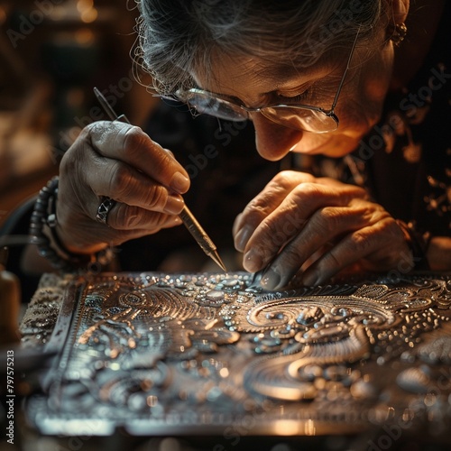Closeup of a woman engraving metal jewelry, hands and tools detailed in the light