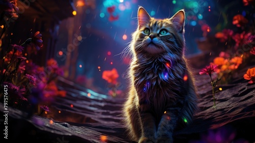 Eternal Cat Fairy standing straight in a colorful space. The tip of the tail drooped slightly, gracefully drifting like aquatic weeds in the air, AI Generative photo
