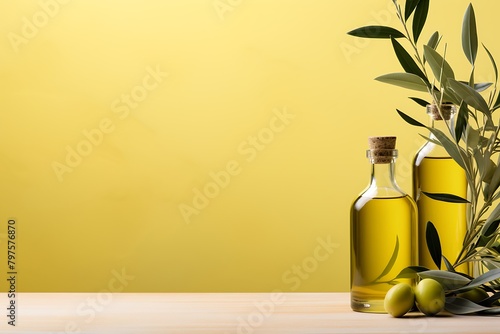 Olive oil bottle and olive branch on wooden table over yellow background photo