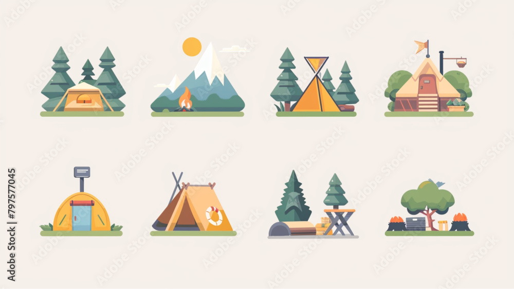 Camping flat icons set. Camp, domestic tourism, hiking, picnic, forest icons and more signs. Flat icon collection. Vector style, studio style,