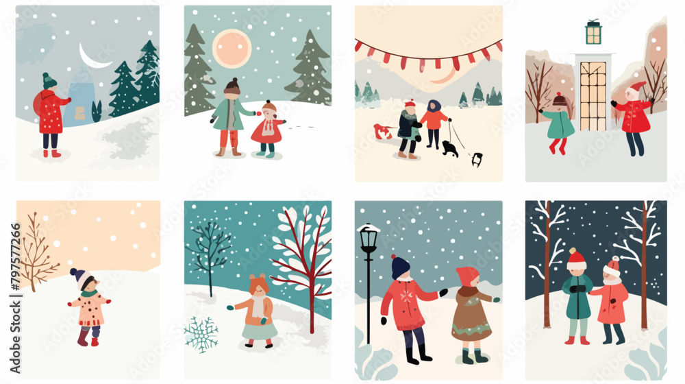 Set of Christmas greeting cards with children playing