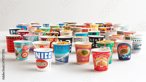 Assorted instant noodle cups with various flavors and colorful packaging arranged on a white surface.
