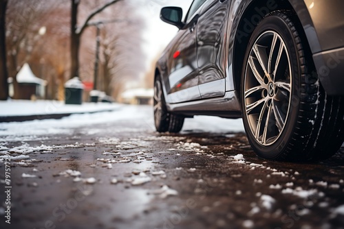 Close-up image of red car on the road in winter forest