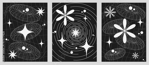 Minimalistic Y2K style  retrofuturistic background vector posters with wireframe geometric shapes. Contemporary design inspired by brutalism and silhouettes of the main characters.