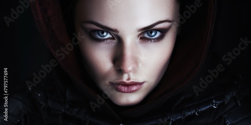 a woman with blue eyes and a hood