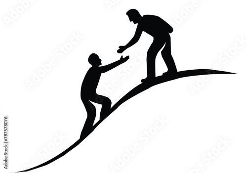Help and assistance concept. Silhouettes of two people climbing on mountain and helping vector illustration