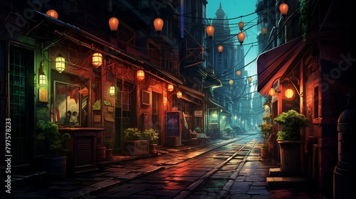 A bustling urban alleyway adorned with vibrant graffiti, illuminated by the soft glow of green and orange street lamps, creating an atmosphere of urban vibrancy.
