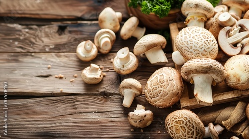 champignon mushrooms on wooden table. nature background