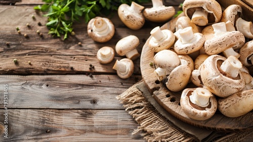 champignon mushrooms on wooden table. nature background. 