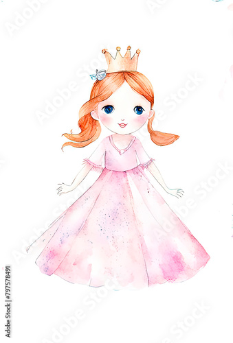 Nursery print banner card with a little princess in a pink dress in the style of a children's watercolor.