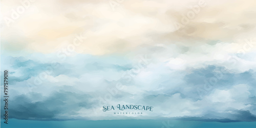 Sea landscape art vector background with blue sky and white clouds. Watercolor illustration for interior, flyers, poster, cover, banner.