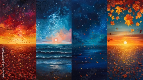 Top left has Vibrant red earth from the Australian outback Top right has Deep blue ocean reflecting a clear sky Bottom left has Orange flames from a bonfire under a starry night Bottom right has Yello