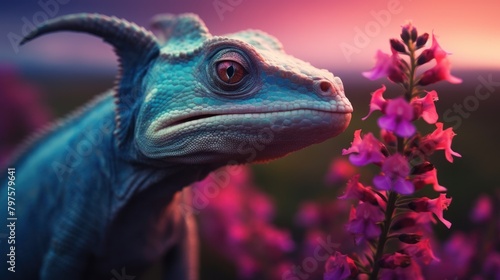 a lizard with purple flowers