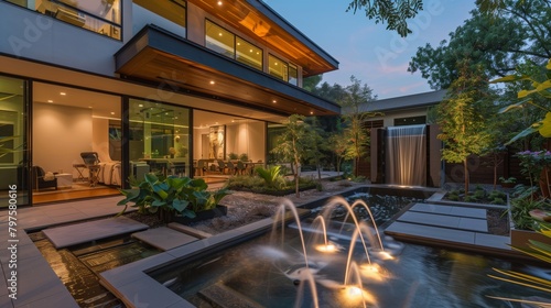 Luxury modern house yard with water feature fountain waterfall