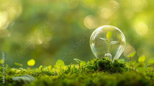 Young Plant Inside Light Bulb on Moss, Environmental Innovation Concept