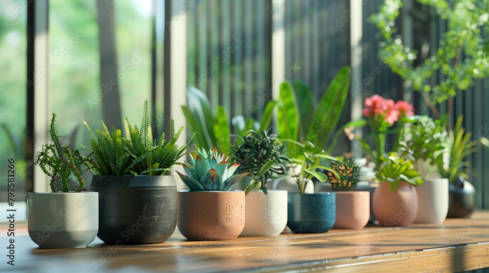 Assortment of Houseplants in Stylish Pots on Sunny Windowsill Assortment of Houseplants in Stylish Pots on Sunny Windowsill