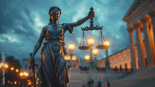 Artistic portrayal of Goddess Justice with her scales flowing with water, symbolizing transparency and purity in law, set against a dark stormy background