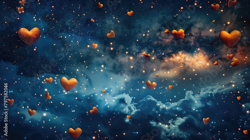 Floating hearts in a starry night sky