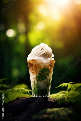 a cup of ice cream with a leafy green leafy plant photo