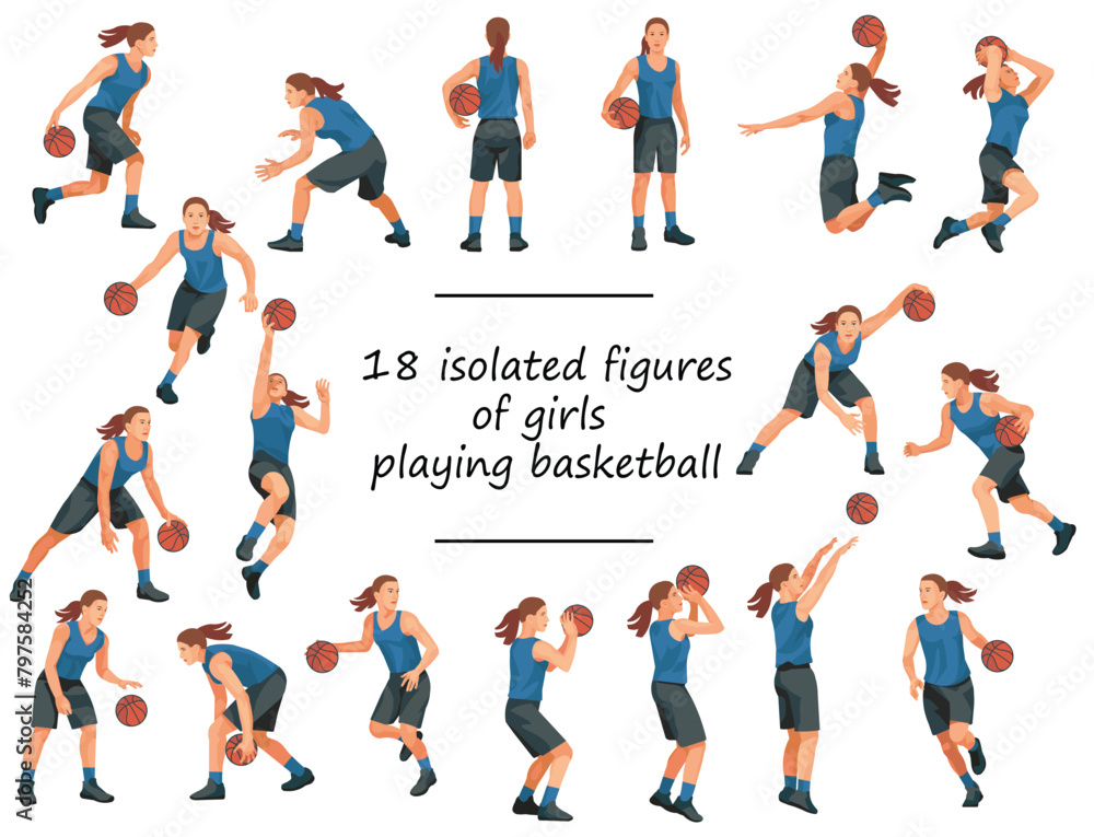 Team of girls playing women's basketball in blue jersey standing, running, jumping, throwing, shooting, passing the ball