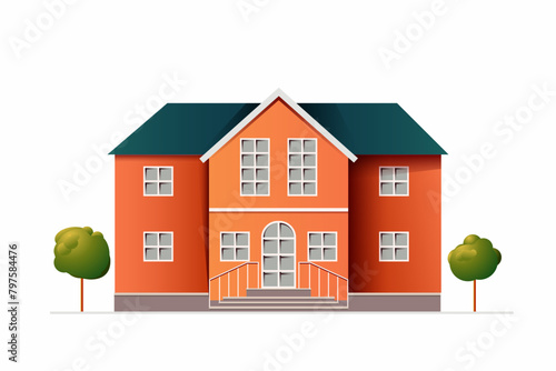 School building with a green trees. Cartoon style vector illustration isolated on white background