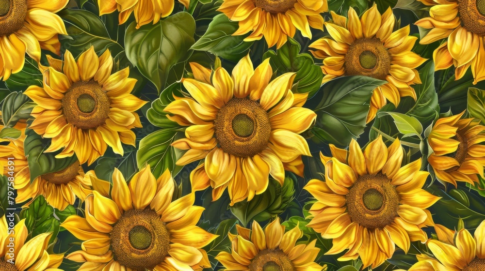 A pattern of sunflowers with vibrant yellow petals and green leaves A pattern of sunflowers with vibrant yellow petals and green leaves